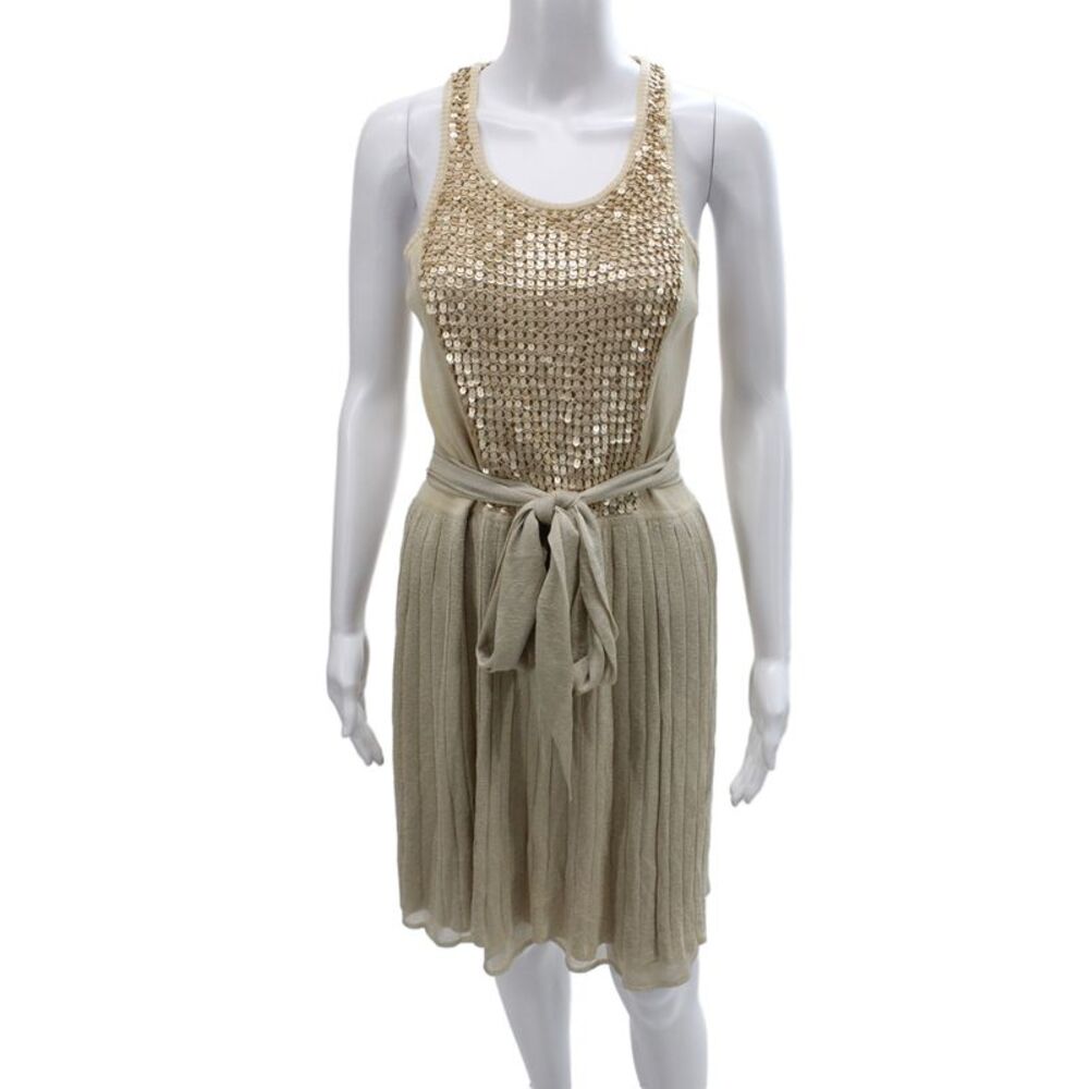 Iisli Women Cotton Scoop Neck Tank Dress Beige Midi Tie Sequin Size M